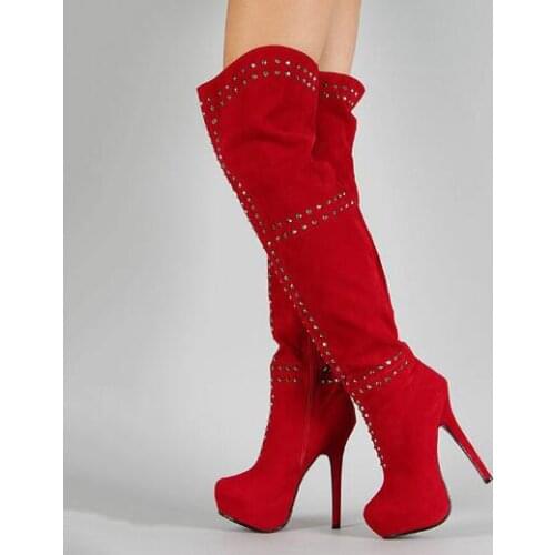 Winter New Fashion Black Red Suede Rivets Platform Long Boots Woman Round Toe Super Thin Heels Studded Over the Knee Boots