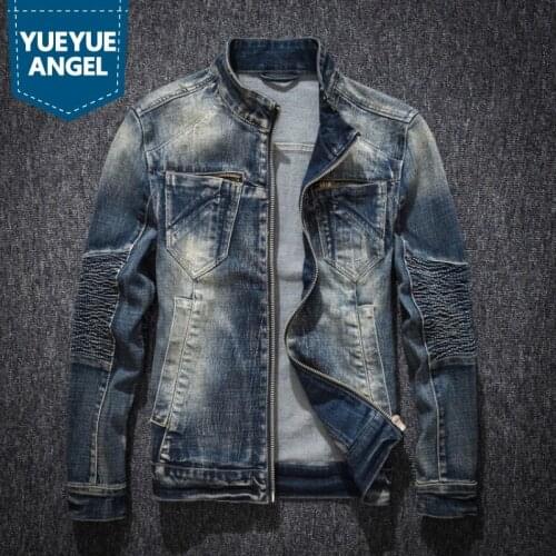Casual Zipper Stand Collar Biker Denim Coat Men Spring Autumn Slim Pleated Long Sleeve Jean Jacket Pocket College Outerwear