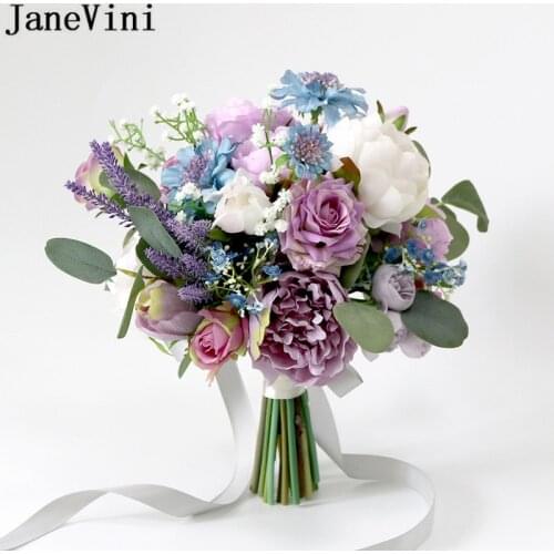 JaneVini 2020 Purple Flowers Bridal Bouquet Fleur Vintage Silk Rose Wedding Bouquets Bride Hand Peony Brooch bouquet de mariage