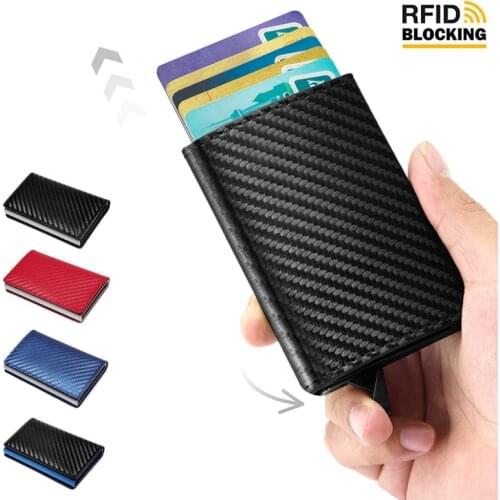 Men Automatic Credit card holder carbon fiber Leather Wallet Aluminum Mini Wallet With Back Pocket ID Card RFID Blocking purse