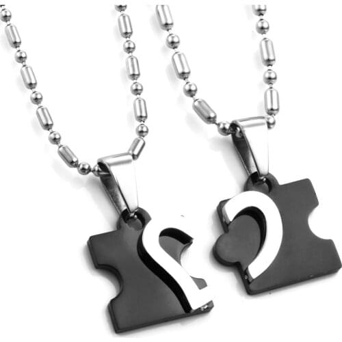 BONISKISS Titanium Stainless Steel Love Combining puzzle Necklaces heart Pendant for Couple Lovers Two color Blue Black one pair
