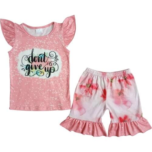 Summer Girls Baby Kids Boutique Set Don't Give Up Flying Sleeve Shirt Pink Shorts with Ruffles