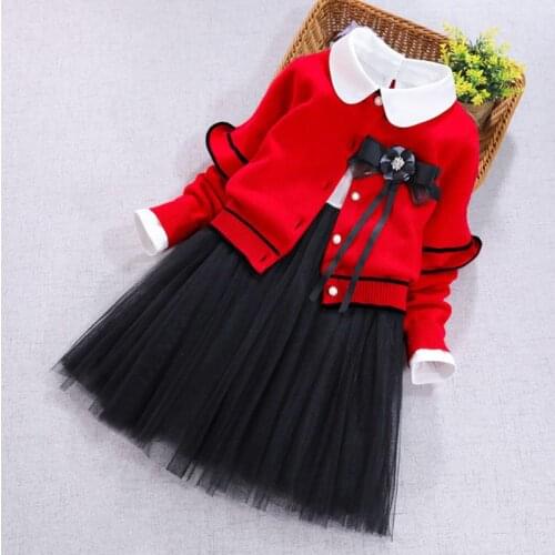 Fashion Kids Girl Clothes 2 Piece Set Red Cardigan Sweater Coat Long Sleeve Cotton Mesh Patchwork Dress Princess Girls Clothing