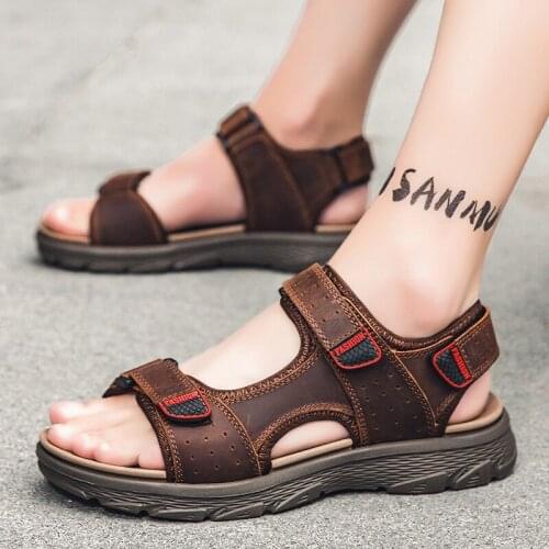 Fashion summer high-end leather mens outdoor beach sandals non-slip wear-resistant hiking sandals outdoor sports sandals