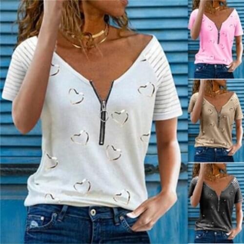 Fashion Women Summer Heart Print T-Shirts For Streetwear Zipper Decor V-Neck Short Sleeve Casual Loose Pullovers Top