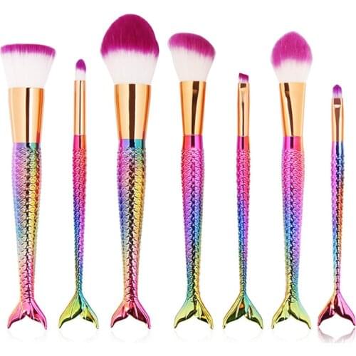 HMG 7 Pcs Mermaid Makeup Brushes Kits Natural Hair Cosmetic Makeup Tools Foundation Lip Highlighter Eyeshadow Brush Sets