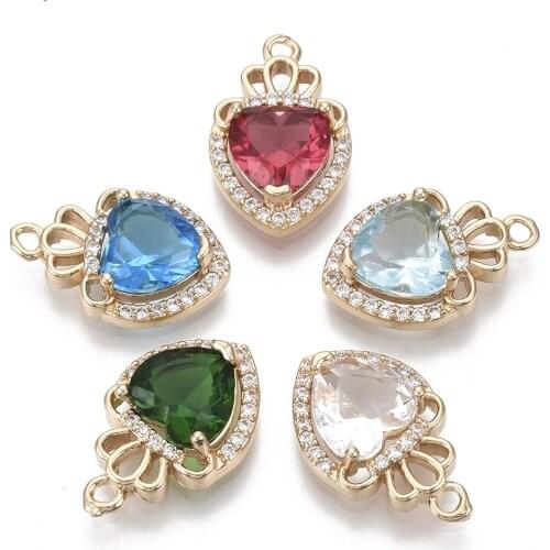 50Pcs Faceted Glass Heart with Crown Charms Pendants with Micro Pave Cubic Zirconia For Handmade DIY Necklace Jewelry Making