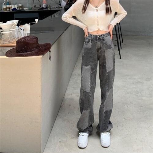 Autumn fashion new ladies' contrast plaid jeans Korean version of high waist large size loose and thin straight wide-leg pants