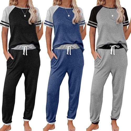 Patchwork Tracksuit Women Short Sleeve Cotton Blend Suit O-neck Pullover Leisure Tops + Pants Set Спортивный Костюм Женский