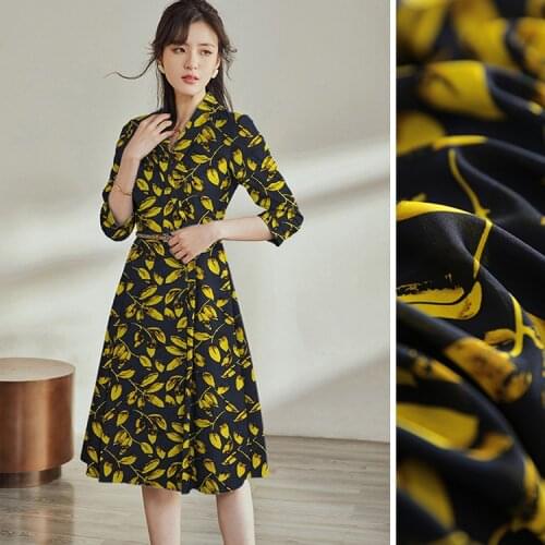 1 Meter 16 Mumi Wide Silk Crepe De Chine Fabric with Navy Blue Bottom Leaves, Width 136