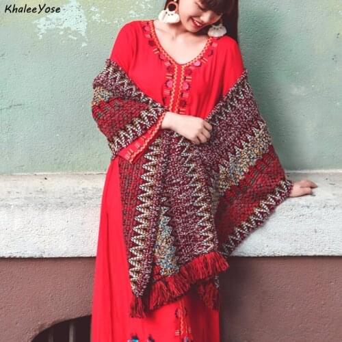 KHALEE YOSE Vintage Boho Hippie Cloak Cardigan Knitted Ethnic Cape Women Cape Shawl Poncho Autumn Spring Thick Tassels Outwear