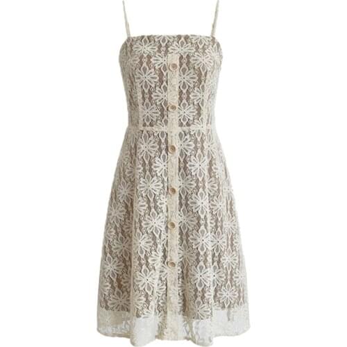 PERHAPS U Strap Backless Sleeveless Slash Neck Button Beige Lace Mini Dress Fit And Flare Vintage Elegant Party D0343