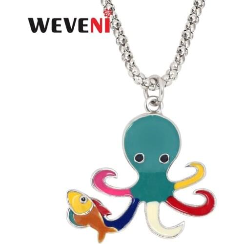 WEVENI Enamel Alloy Cartoon Octopus Fish Necklace Pendant Choker Ocean Sea Animal Jewelry For Women Girls Teens Birthday Gift