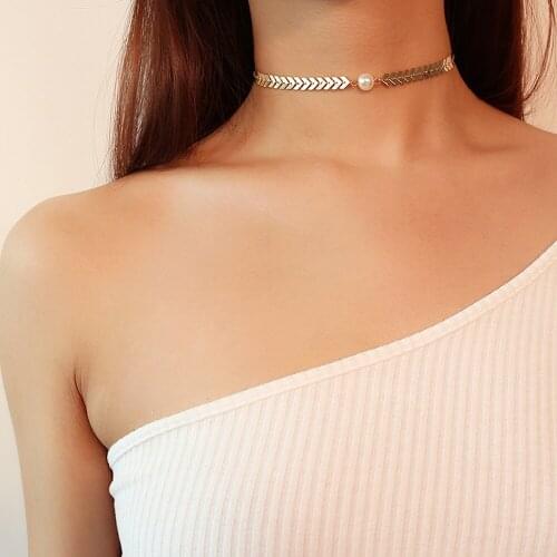 Pearl Choker Necklace For Women Gold Sivler Color Simple Metal Arrow Sequin Chokers Trendy Jewelry Gift