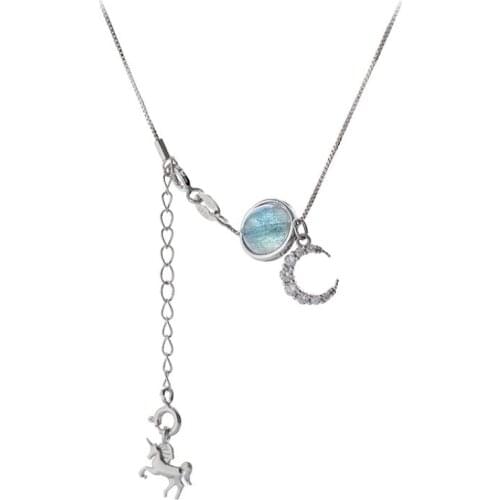 S925 Silver Moonstone Unicorn Chains Necklaces Women Female Korean Moon Clavicle Chain Simple Personality Jewelry Top Fashion