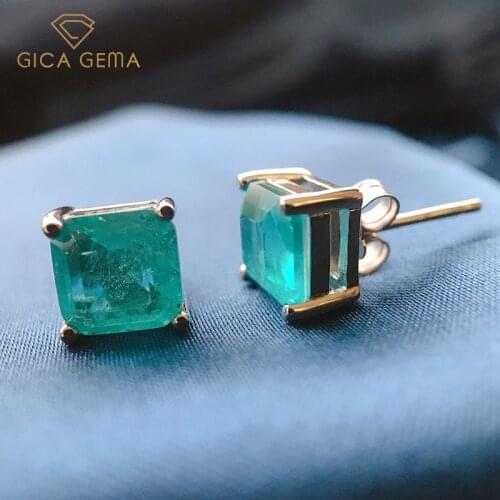 GICA GEMA Real 925 Sterling Silver Square Earrings For Women Vintage Emerald Paraiba Tourmaline 7*7mm Ear Stud Fine Jewelry