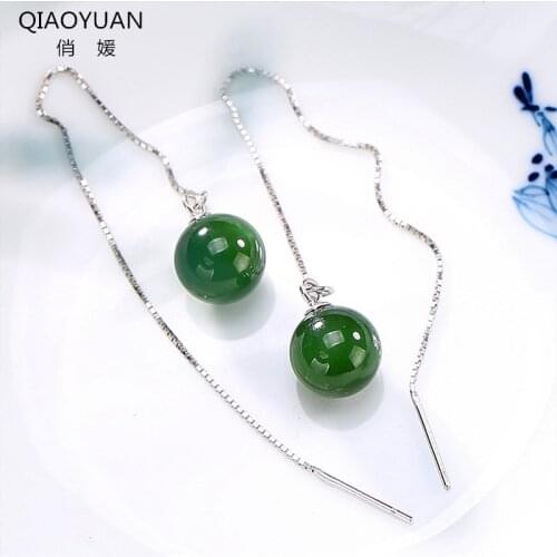925 sterling silver earings jade earrings for women jewelry Vintage Hetian Jade Round Beads in Green Chain