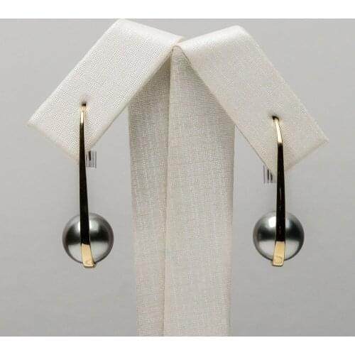 9.6mm Round Gray Real Tahitian Cultured Pearl Drop Earrings 14k Solid White Gold