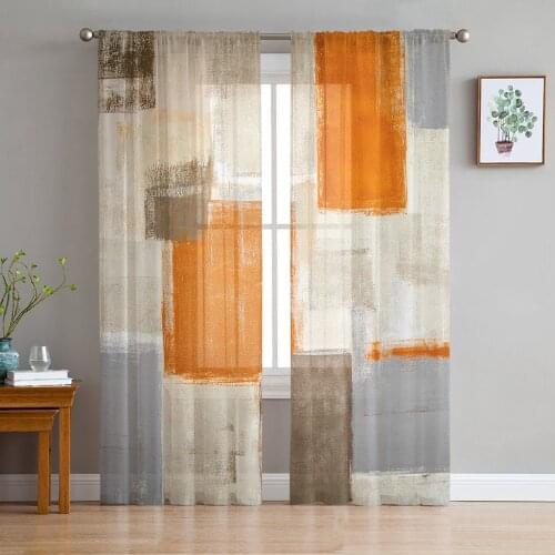 Oil Painting Abstract Geometric Orange Tulle Curtain Voile Transparent for Bedroom Living Room Kitchen Sheer Window Curtains