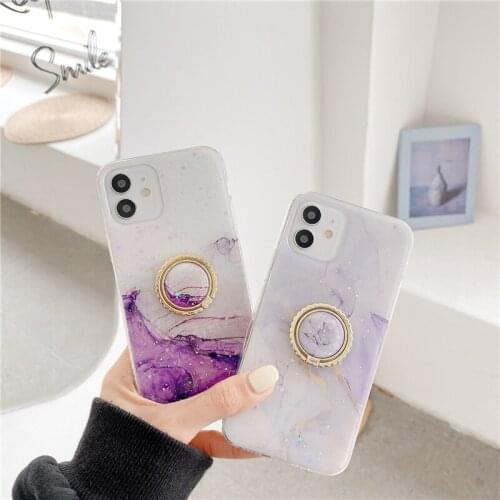 Cute Glitter Purple Marble Stand Phone Case For iPhone 12 Mini 11 Pro MAX XR XS 7 8 Plus SE2020 Soft Transparent Back Cover Gift
