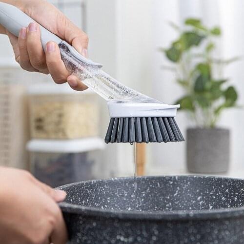 Dual Purpose Kitchen Cleaning Brush Scrubber Dish Long Handle Pot Bowl Washing Sponge Automatic Liquid Dispenser Cleaner Tool