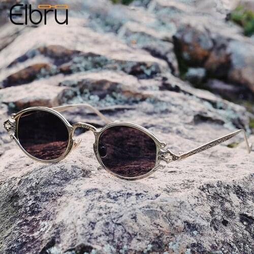 Elbru Fashion Vintage Small Oval Sunglasses Steampunk Gothic Metal Engraved Sunshades Street Snap UV400 Sun Glasses Male Female