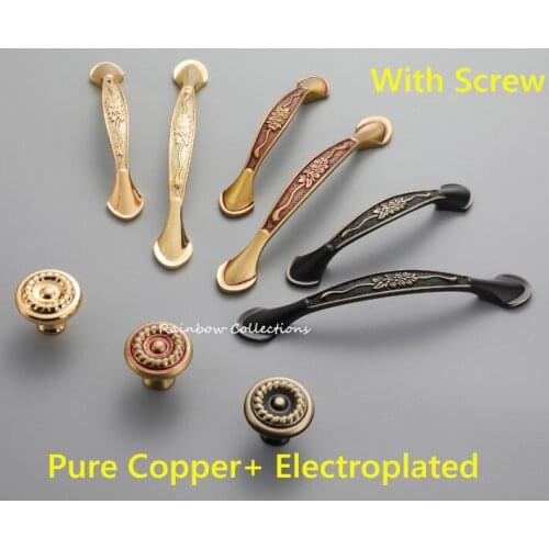 European Copper+Electroplated Handles Kitchen Cabinet Cupboard Door Pulls Brass Golden Color Drawer Knobs Furniture Hardware