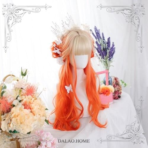 Gradient Beige Orange Lolita Wig Harajuku Fairy Cosplay Bangs Pale Blonde Curly Wavy Long Sweet Fringe Adult Girls Hair