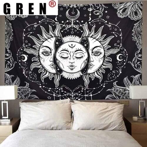 GREN Mandala Tapestry White Black Sun Moon Tapestry Wall Hanging Gossip Tapestries Hippie Wall Rugs Blanket Home Decor 95x73cm