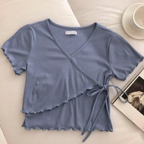 Heliar Summer 2021 Newly T-shirts For Women French Fashion Ruffle Bandage Slim Crop Top Female V-Neck Tees Short Sleeve