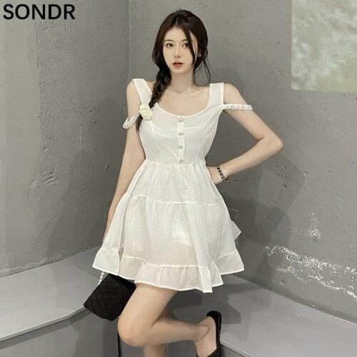 Korean One-Piece Sweet Dress Female Summer Square Collar Strapless Little Black Dresses Ruffle Thin Temperament Cute Mini Dress