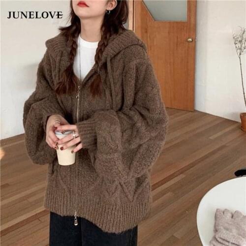 JuneLove 2021 Women Autumn Winter Twist Zipper Hooded Sweater Coat Knitted Cardigan Jacket Oversized Long Lantern Sleeve Outwear
