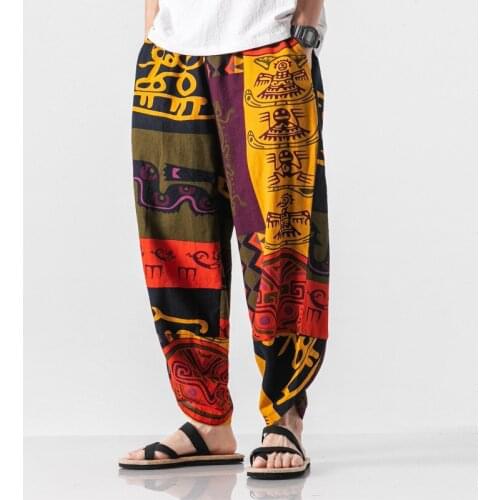Vintage Printed Men Harem Pants Hip-hop Cotton Baggy Loose Wide Leg Pants Ethnic Style Trousers Men Streetwear