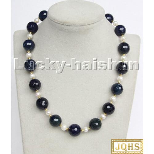 Natural 18" 14mm round diced faceted navy blue agates white pearls necklace c199