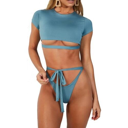 Sexy Half Sleeve Sports Bikini Set Solid Swimwear Mujer Two Piece Bandage Bathing Suit Women Sexy Brazilian Swimsuit Thong