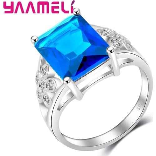 Stylish Girls Finger Decorations 925 Sterling Silver Flowers Rings With Big Blue Cubic Zircons Women Wedding Jewelry