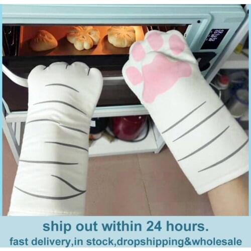 3D Cartoon Cat Paws Oven Mitts Long Cotton Baking Insulation Microwave Heat Resistant Non-slip Gloves Animal 1PC