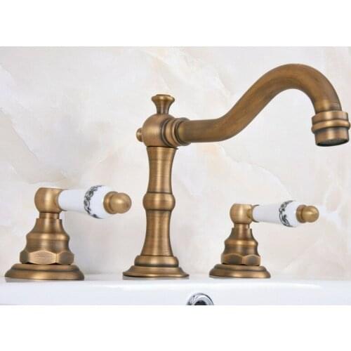 Vintage Antique Brass 2 Ceramic Handle Deck-Mount 3 Hole Widespread Bathroom Lavatory Bathtub Basin Faucet Sink Mixer Tap dan072