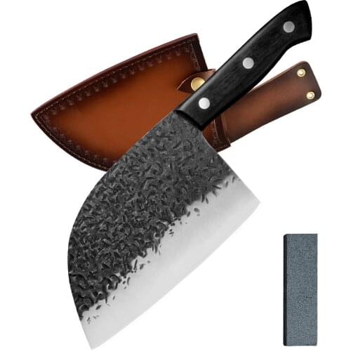 Xyj Full Tang Traditional Chef Knife with Leather Sheath 7-Inch Serbian Butcher Knives High Carbon Stainless Steel Meat Cleaver