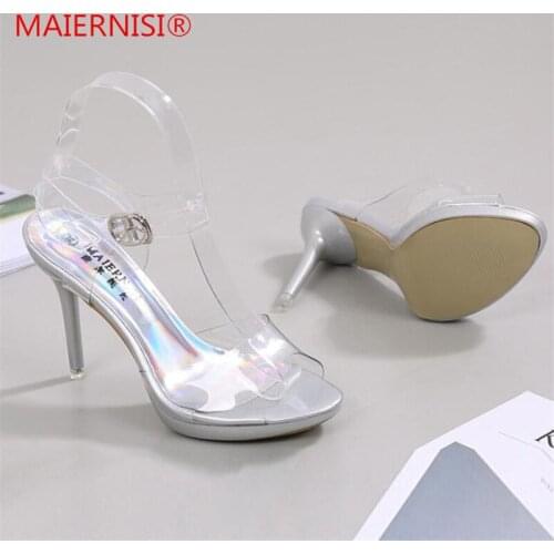 Women Sandals 10 CM black thin heel Transparent Crystal Platform Buckle Woman Shoes Sexy Party High Heels Shoes Plus Size