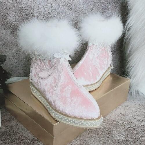 Womens Real Fox Fur Velvet Leather Ankle Boots Pearls Tassels Hidden Heel Warm Winter Snow Shoes Lolita Sweet Thick Furry New