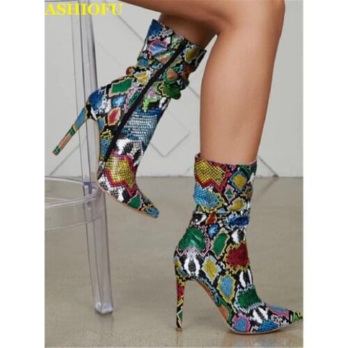ASHIOFU New Handmade Hot Sale Ladies High Heel Boots Colorful Leather Party Prom Ankle Boots Pointed-toe Stiletto Evening Boots