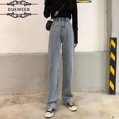 DUEWEER Jeans Women Straight Trousers Vantage Bandage Washed Loose High Waist Streetwear Simple All-match Fashion Casual Pants