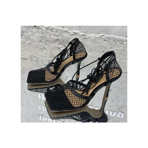 Runway Net Mesh Thin High Heel Sandals Women Square Toe Ankle Strappy Gladiator Sandalias Summer Sexy Party Nightclub Shoes 2021