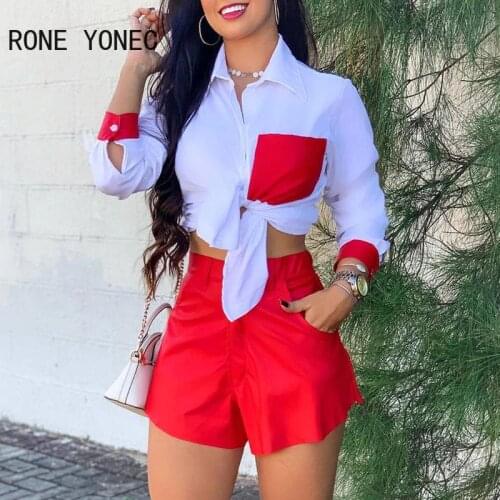 Women Two Piec Set Colorblock Tie Front Shirt Top & Shorts Set Summer suit