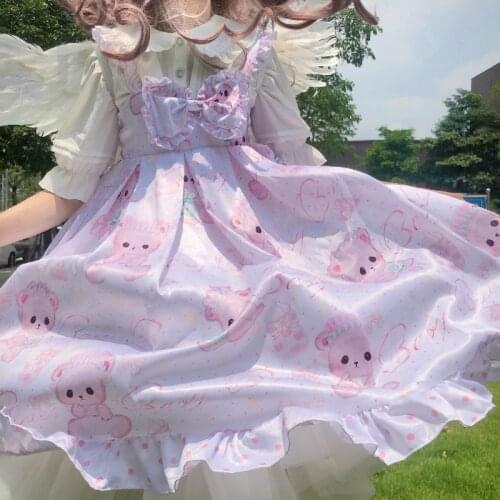 Lolita Dress Women Vintage Gothic Printed Lace Summer Sleeveless Dress Japanese Sweet Bow Bear Kawaii Princess Maid Dresses JSK