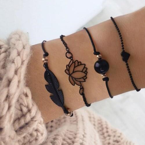 4Pcs/Set Fashion Black Painting Chain Bracelets for Women Creative Leaf Heart Lotus Flower Rope Bracelet Charm Jewelry Gift