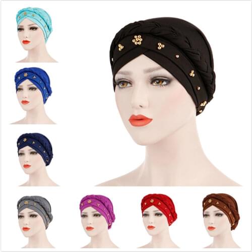 2021 African Turbans For Women Hair Turban Muslim Fashion Hat Head Wrap Islamic Hijab Jersey Beads Chemo Cap Bonnet Hijab Woman