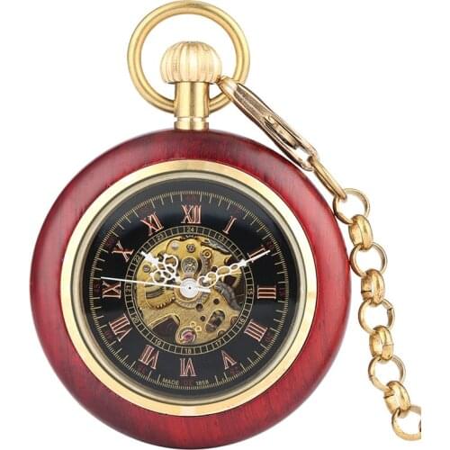 Antique Red Sandalwood Pocket Watch Open Face Automatic Mechanical Watches Roman Number Dial Pendant Chain Clock for Men Women