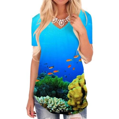 Giyu Brand Fish T Shirt Women Animal Tshirts Printed Coral T-shirts 3d Ocean V-neck Tshirt Womens Clothing Fashion Printed New